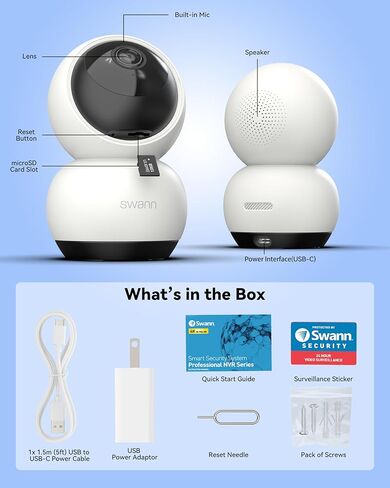 كاميرا مراقبة Swann EVO Pan-Tilt Wi-Fi - كاميرا 2K للكلاب الصغيرة/الحيوانات الأليفة، رؤية ليلية ملونة، كشف الحركة، صفارة الإنذار، محادثة ثنائية الاتجاه، تسجيل مجاني - راقب منزلك أو عملك من أي مكان in Kuwait