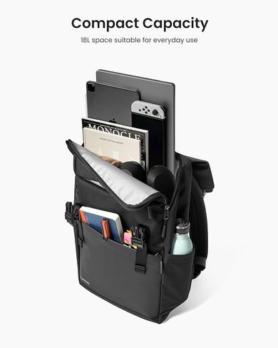 tomtoc Flap Laptop Backpack, Lightweight, Water-Resistant College Travel Casual Daypack, Slim Durable Work-pack Rucksack for 13-16 Inch MacBook Laptop, Large Capacity, 18L, Black in Saudi Arabia