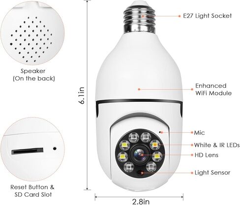 CYOIDAI PTZ E27 Bulb Wireless Security Camera,1080P 360 Degree Panoramic Connector with WiFi,Human Motion Detection Alarm,Remote Viewing (32GB SD Card) in Kuwait
