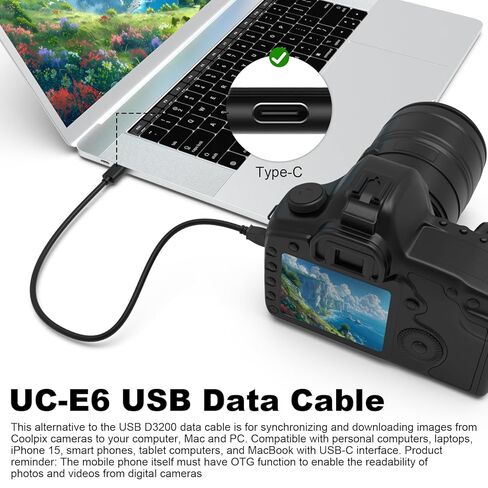 UC-E6 USB C كابل نقل الصور سلك سلك متوافق مع كاميرات Nikon CoolPix DSLR D3200 D3300 D750 D7200 Coolpix B500 P500 P6000 P7000 S9100 S9200 لهاتف iphone، الهاتف الذكي، Macbook (11.8 بوصة) in Kuwait
