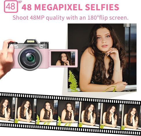 كاميرا رقمية بدقة 4K مع صور بدقة 48 ميجابكسل، وكاميرا تسجيل فيديو محمولة مع شاشة قابلة للطي بزاوية 180 درجة، وكاميرا مدمجة مع بطاريتين وبطاقة 32 جيجابايت، وكاميرا متصلة بالواي فاي للسفر والمبتدئين، وردي in Kuwait