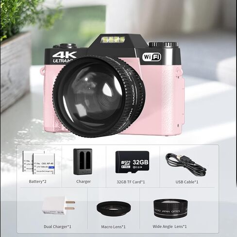 كاميرا رقمية بدقة 4K مع صور بدقة 48 ميجابكسل، وكاميرا تسجيل فيديو محمولة مع شاشة قابلة للطي بزاوية 180 درجة، وكاميرا مدمجة مع بطاريتين وبطاقة 32 جيجابايت، وكاميرا متصلة بالواي فاي للسفر والمبتدئين، وردي in Kuwait