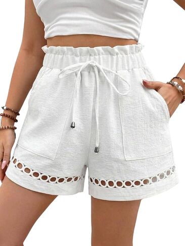 SHENHE Women's Summer Casual Shorts Hollow Out Elastic Waist Paperbag Vacation Shorts in Saudi Arabia