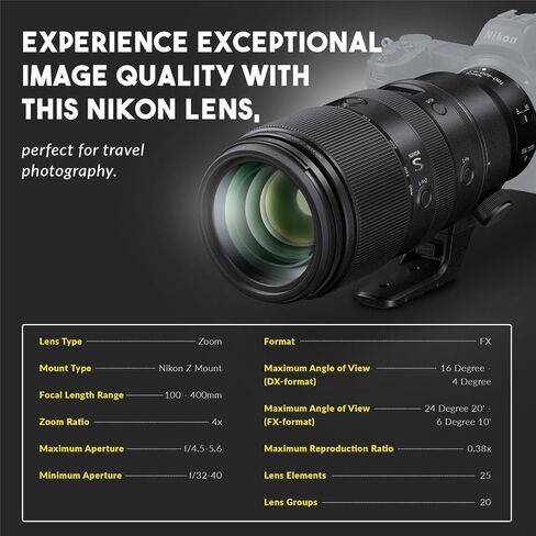 عدسة نيكون NIKKOR Z مقاس 100-400 مم f/4.5-.6 VR S، حزمة مع مرشحات Hoya 77 مم للأشعة فوق البنفسجية وCPL in Kuwait