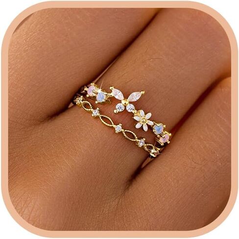 Lovecom 925 Sterling Silver Cute Butterfly Daisy Flower Rings for Women 14K Gold Plated 2 Layered Opal CZ Floral Boho Boho Ditible Ring Jewelry Hilmits to Dinist in Saudi Arabia