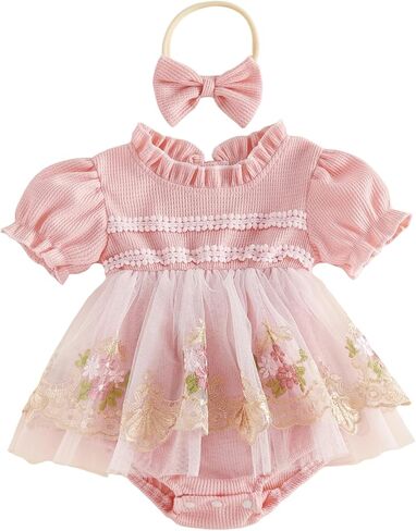 Summer Baby Girl Clothes Floral Embroidery Layered Tulle Short Sleeve Romper Dress And Bow Headband Set Newborn in Saudi Arabia
