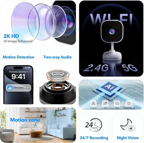 كاميرات 2K لأمن المنزل ثنائي النطاق 5G/2.4 جيجا هرتز واي فاي كاميرا داخلية لمراقبة الأطفال وكاميرا للحيوانات الأليفة للكلاب والقطط وكبار السن وكشف الحركة بالذكاء الاصطناعي ورؤية ليلية صوتية ثنائية الاتجاه 24/7 تسجيل محلي وتخزين سحابي SD in Kuwait