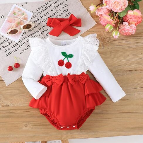 Baby Infant Romper Long Flutter Sleeve 3D Bow Waist Cherry Embroidery Cute Fashion Newborn One-Piece Outfit in Saudi Arabia