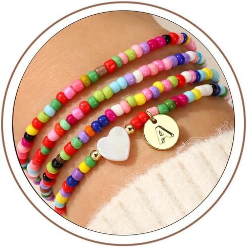 M MOOHAM Easter Gifts for Kids Girl - Beaded Initial Bracelets for Women Girls, 4PCS Colorful Beaded Bracelet Heart Initial Bracelet for Women Layered Bracelets Jewelry Birthday Gifts in Saudi Arabia