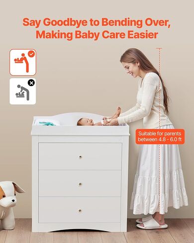 VEVOR Changing Table Dresser, Baby Diaper Change Station with 3 Drawers, Multi-Functional Modern Changing Table Dresser with Storage Organizer Nursery for Children's Room, White in Kuwait