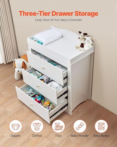 VEVOR Changing Table Dresser, Baby Diaper Change Station with 3 Drawers, Multi-Functional Modern Changing Table Dresser with Storage Organizer Nursery for Children's Room, White in Kuwait