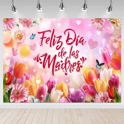 Mocsicka Feliz Día de las Madres راية خلفية زينة حفلات عيد الأم السعيدة خلفية وردية زهرية لحفلات عيد الأم، شكرًا لخلفية لوازم حفلات الأم (6 × 3.6 قدم) in Kuwait