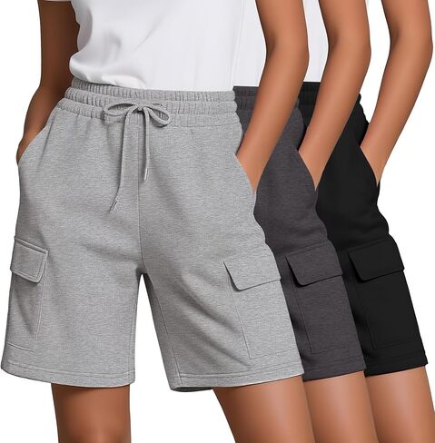 Neer 3 Pack Women's Bermuda Shorts Casual Drawstring Elastic Waist Knee Length Yoga Shorts with Pockets in Saudi Arabia