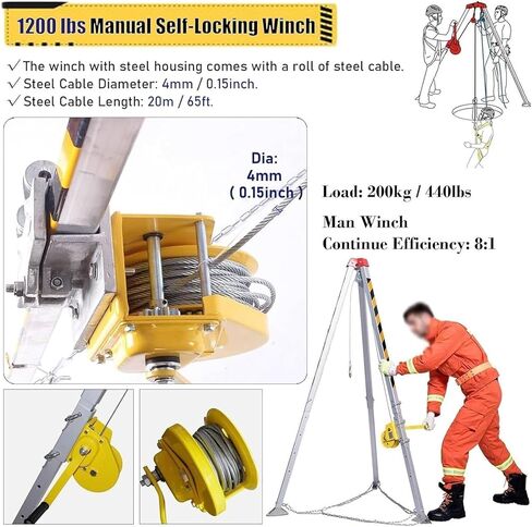 Heavy Duty Rescue Tripod Kit - Aluminum Alloy Confined Space Tripod with 1800LBS Hand Winch, Safety Belt & Winch for Emergency Rescue Operations,1200LBS Winch Tripod Set in Saudi Arabia