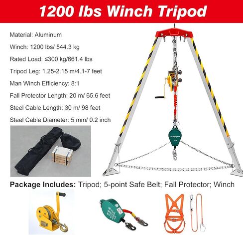 Rescue Tripod with Winch & Fall Protector - Heavy-Duty Aluminum Manhole Access Kit for Confined Space, Deep Well, Sewer Rescue,1200LBS Tripod kit in Saudi Arabia