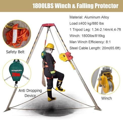 Aluminum Rescue Tripod with 1800LBS Winch, Confined Space Emergency Lifting & Rescue Equipment, Firefighter Tripod Kit for Safe Rescue Operations,1800LBS Winch in Saudi Arabia