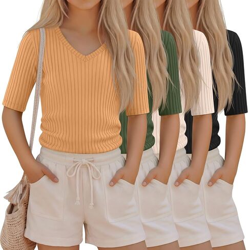 4 Pack Girls Shirts Half Sleeve Kids Ribbed V Neck Tops Basic Summer Cute Tees for Teen in Saudi Arabia