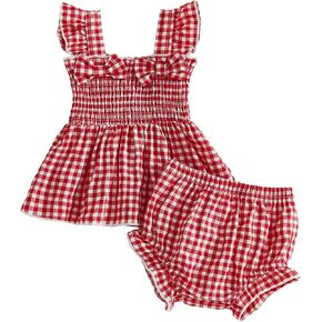 Toddler Baby Girl Summer Clothes Bow Plaid Daisy Smocked Ruffle Tank Shirt Top Bloomers Shorts Set Summer Outfits in Kuwait