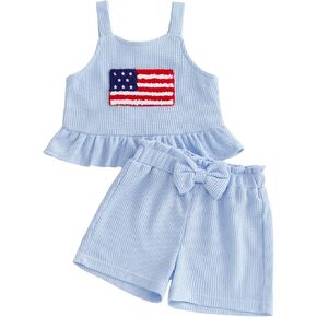 Toddler Baby Girl 4th of July Outfit Waffle Ruffled Sleeveless Top and Solid Shorts Independence Day Clothes in Kuwait
