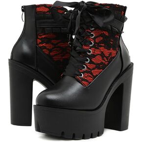 Women's Leather Lace Splicing Platform Chunky Heels Gothic Ankle Boots Classic Round Toe Lace up Back Zipper Fashion Thick High Heel Combat Boots Comfortable Rave Boots Punk Booties in Saudi Arabia