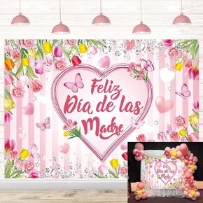 Feliz Dia De Las Madres Backdrop Happy Mother's Day Pink Tulip Photo Background Flowers Heart Pink White Stripe Spanish ﻿Feliz Dia Mama Girl Woman Birthday Party Decor Banner Photo Props (7x5FT) in Saudi Arabia