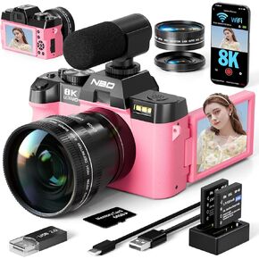 8K Digital Cameras for Photography 64MP - 16X Zoom Autofocus, WiFi, 180° Flip Screen with Wide-Angle & Macro Lens, Vlogging Camera for YouTube Travel with 64GB TF Card, 2 Batteries & Mic (Pink) in Saudi Arabia