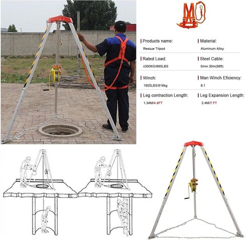Emergency Rescue Tripod System with 1800lbs Winch - Confined Space Access, Deep Well & Aerial Work, Firefighting Rescue Equipment with Fall Protection,1800lb Tripod Rescue Kit 30m in Saudi Arabia