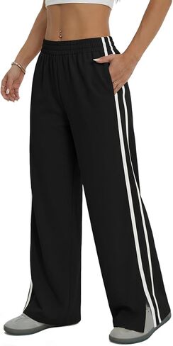 Fisoew Womens Wide Leg Pants Casual Baggy Elastic Waist Side Slit Contrast Stitch Loose Workout Sweat Pants with Pockets in Saudi Arabia