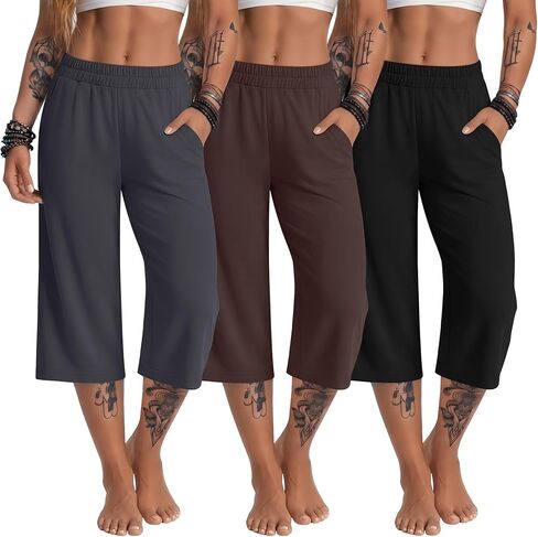3 Pack Women's Wide Leg Capris Loose Cropped Yoga Pants Elastic Soft Sweatpants Capri Trousers with Pockets in Saudi Arabia