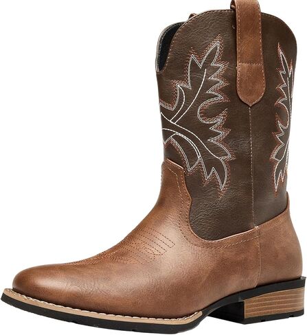 Men’s Cowboy Boots Western Country Boots Square Toe Embroidered Pull On Non Slip Durable Brown in Saudi Arabia