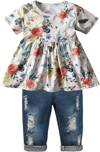 Baby Girl Clothes Toddler Girl Summer Outfits Short Sleeve Floral Shirts Tops Ripped Denim Pants Set in Saudi Arabia
