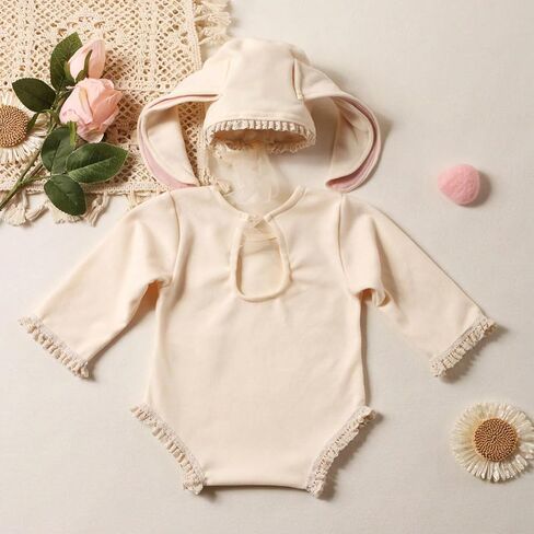 Zeroest Newborn Photoshoot Outfit for Girls - Lace Ruffled Romper & Big Ear Bonnet | 2-Piece Baby Photo Props for Photography in Saudi Arabia