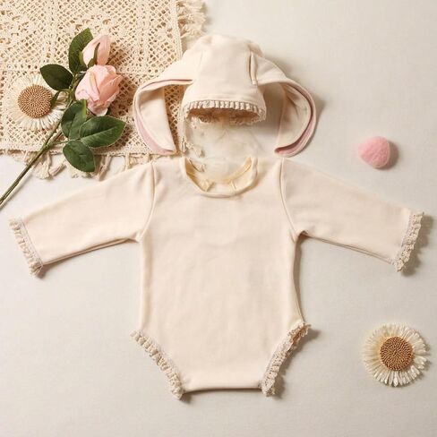 Zeroest Newborn Photoshoot Outfit for Girls - Lace Ruffled Romper & Big Ear Bonnet | 2-Piece Baby Photo Props for Photography in Saudi Arabia