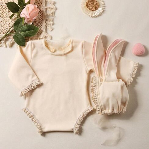 Zeroest Newborn Photoshoot Outfit for Girls - Lace Ruffled Romper & Big Ear Bonnet | 2-Piece Baby Photo Props for Photography in Saudi Arabia