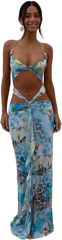 Women Deep V Neck Sexy High Cut Out Dress Crisscross Floral Printing Bodycon Summer Beach Cocktail Party Dresses in Saudi Arabia