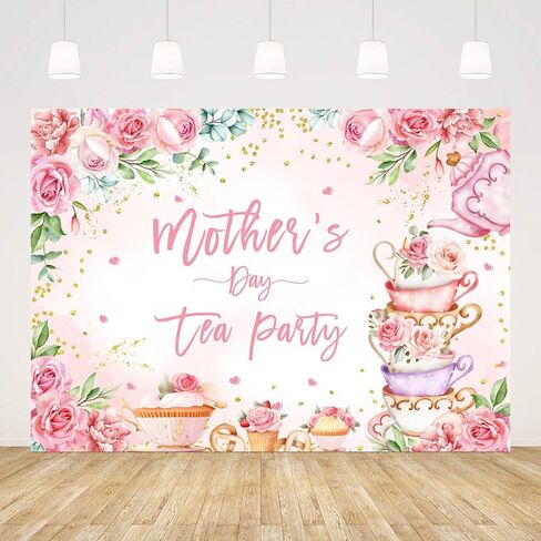AIBIIN 7x5ft Mother's Day Tea Party Backdrop Happy Mother's Day Background Afternoon Tea Party Pink Flowers Teacup Decorations Banner Photography Photo Props in Kuwait