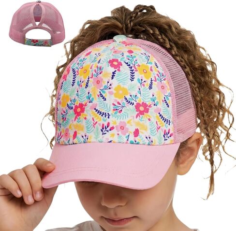 Girls Pony Hat Distressed High Ponytail Messy Bun Baseball Caps Kids Trucker Floral Sun Protection Hats Biking Cap(4-10years) in Saudi Arabia