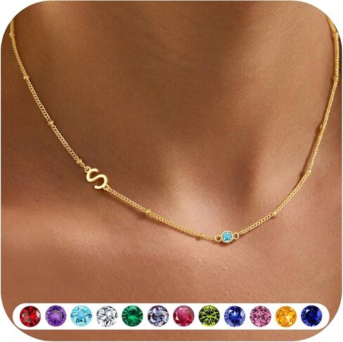 M MOOHAM Easter Basket Stuffers for Teens - Sideways Initial Birthstone Necklaces for Women Teen Girls 14K-Gold-Plated Dainty Initial Necklaces for Women Birthstone Necklace Jewelry Easter Gifts in Saudi Arabia