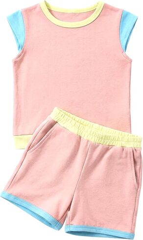 XMWEALTHY Toddler Girl Clothes Color Block Cap Sleeve Top with Shorts Sweatsuit 2 Piece Summer Casual Outfits in Saudi Arabia