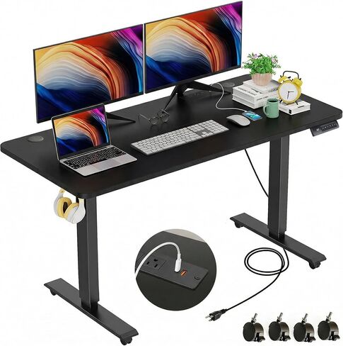Farexon 55 × 24 مكتب كهربائي قائم بارتفاع قابل للتعديل مع محطة شحن، مكتب واقف مع عجلات، منافذ، لوحة ماوس، ارتفاعات محددة مسبقًا لمكتب ألعاب الكمبيوتر المنزلي (بني) in Kuwait