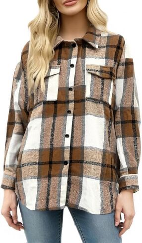 Womens Casual Plaid Flannel Shacket Jacket Coat Button Down Long Sleeve Shirt Jacket Spring Fall Outfits Outerwear in Saudi Arabia