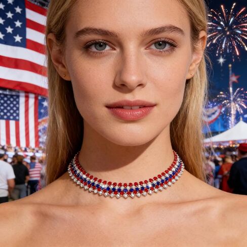 ARATLENCH 4th of July قلادة العلم الأمريكي الولايات المتحدة الأمريكية أحمر أبيض أزرق حجر الراين المختنق قلادة الرابع من يوليو يوم الاستقلال تنس سلسلة قلادة مجوهرات احتفالية عطلة حزب الديكور هدية in Saudi Arabia