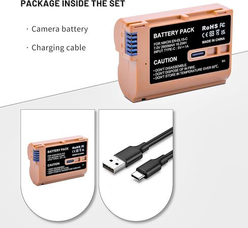 بطارية 2600 مللي أمبير EN-EL15C محدثة قابلة لإعادة الشحن مع منفذ شحن سريع USB-C متوافق مع كاميرات Nikon D800 D800E D810 D850 D750 D610 D780 D7200 D7500 D500 Z5 Z5II Z6 Z6II Z7 Z7II in Kuwait