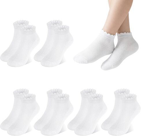 ZERULETS 6 Pairs Girls Socks Ruffled White Cotton Ankle Socks 1-15 Years | School Uniform Dress Socks, Frilly Crew Ankle Socks, Soft, Breathable Mesh, Fit Girls 1-3/3-6/6-8/9-12/12-15 Years in Saudi Arabia