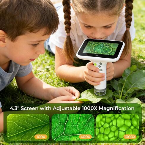 مجهر رقمي محمول بقوة 1000 مرة للأطفال، مجهر محمول بشاشة LCD كبيرة مقاس 4.3 بوصة قابل لإعادة الشحن، التقاط الصور ومقاطع الفيديو، هدية استكشاف خارجية للأولاد والبنات، يعمل مع Windows وMac in Kuwait