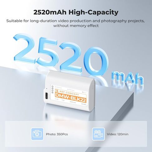 K&F CONCEPT 2520mAh DMW-BLK22 Battery, USB-C 2.5H Full Charged BLK22 Battery Compatible with Panasonic LUMIX S5, S5II, GH6, GH5, G5 II, S5 IIX, GH7, S9, G9 II in Kuwait