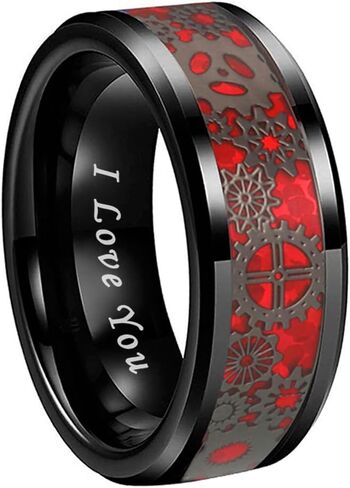 TUTISS 8mm Blue Red Green Carbon Fiber Steampunk Gear Inlay Silver and Black Tungsten Rings for Men Women Wedding Bands Beveled Edges I Love You Engraved Comfort Fit in Saudi Arabia