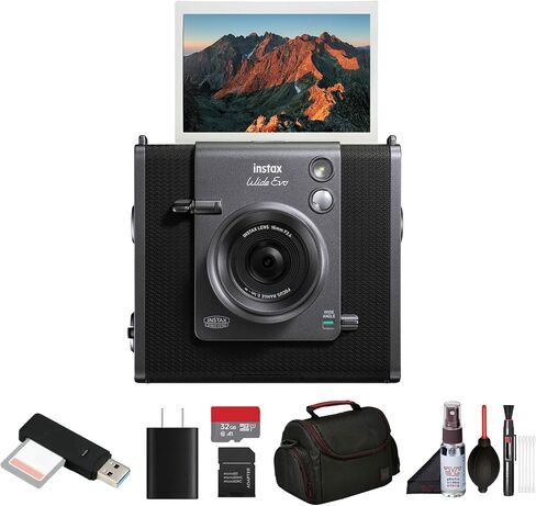 مجموعة كاميرا FUJIFILM INSTAX Wide EVO Hybrid للأفلام الفورية مع حقيبة + بطاقة ذاكرة 32 جيجابايت + قارئ بطاقات USB، SD/microSD + محول SD + محول شحن + مجموعة تنظيف in Kuwait