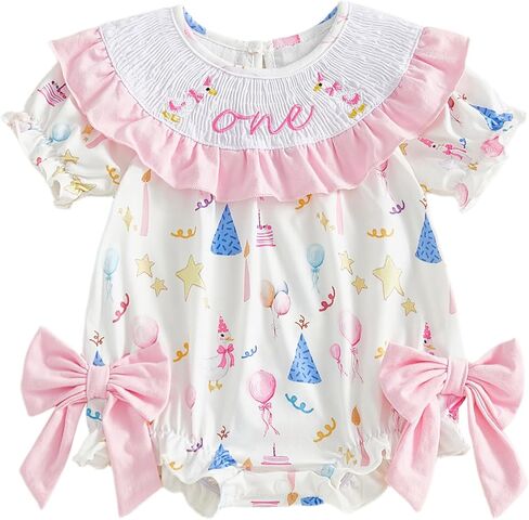Amnnchya Baby Girl First Birthday Outfit One Year Old Bow Goose Short Sleeve Ruffle Bubble Romper Summer Spring Jumpsuit in Kuwait