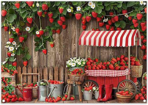 7x5ft Fabric Wooden Board Strawberry Backdrop Red Sweet Fruit Farm Market Stall Fence Photography Background Women Girls Birthday Party Decorations Photo Props in Kuwait